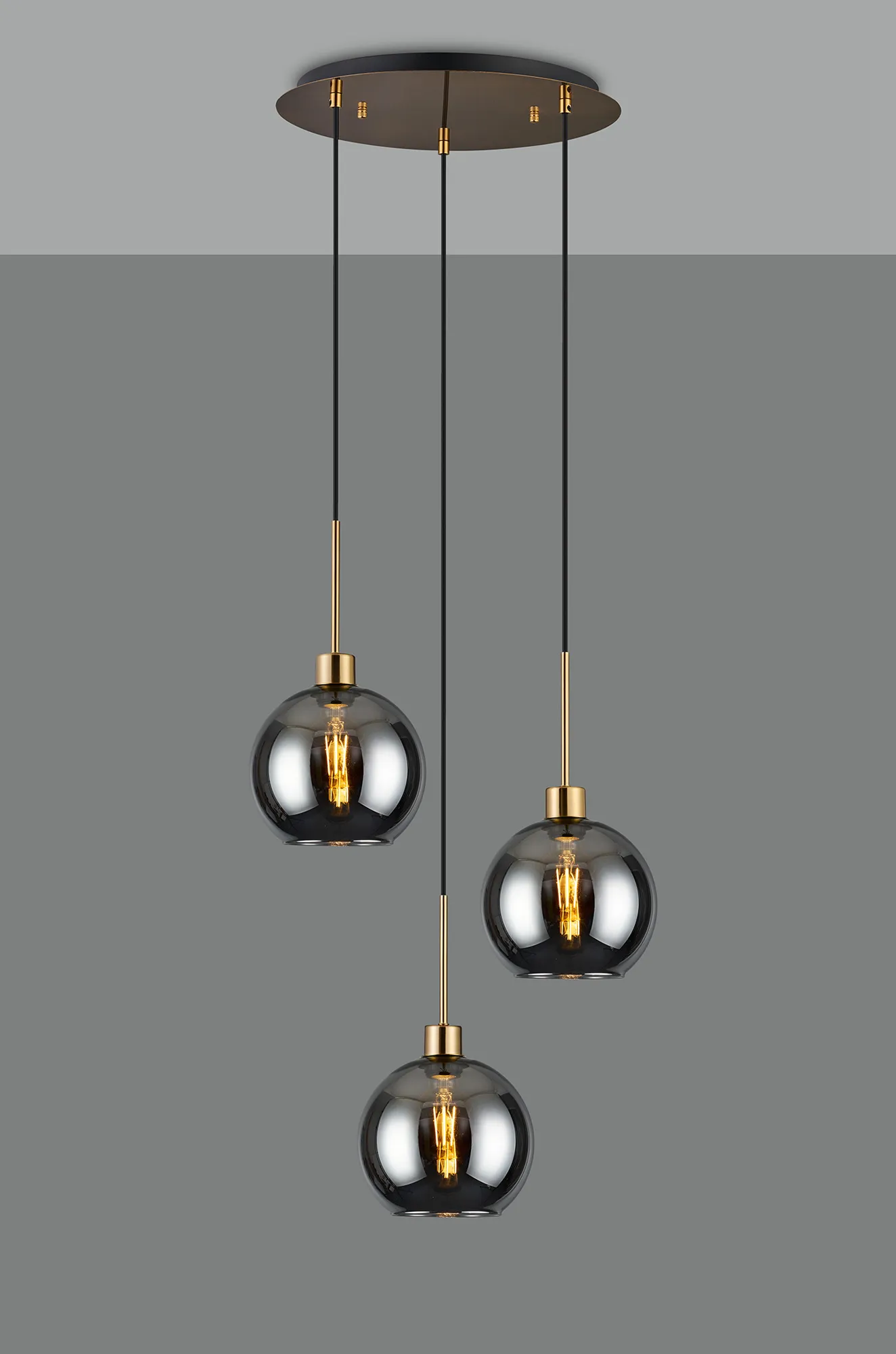 Lori 40cm Round Pendant, 3 Light Adjustable E27, Antique Gold/Smoke Open Mouth Round Globe Shades DK1181  Deco Lori Antique Gold